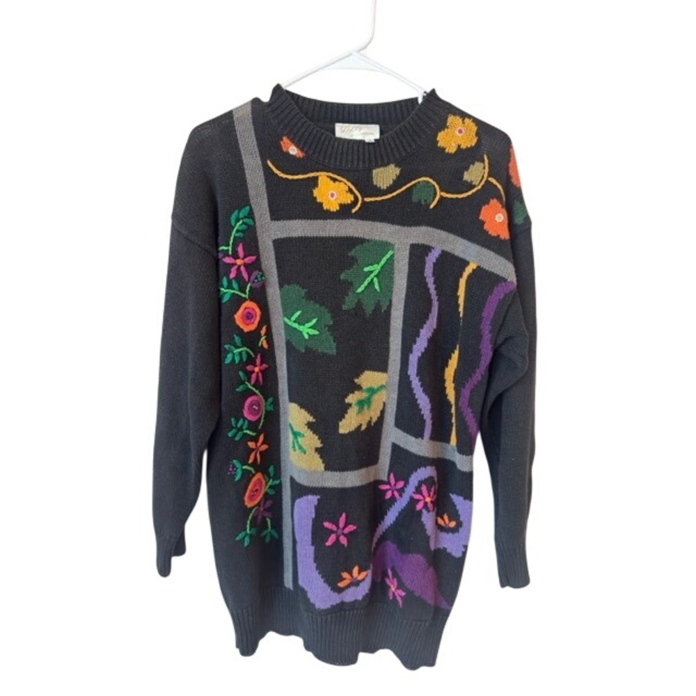 Vintage Lilly of California Floral Geometric Intarsia Knit Sweater Black Small